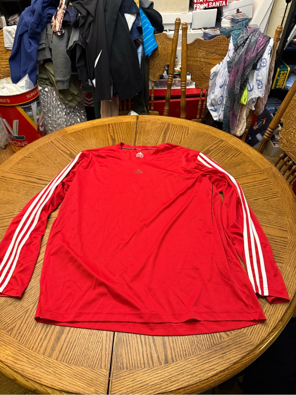 adidas Red Long Sleeve Athletic Shirt with White Three-Stripes